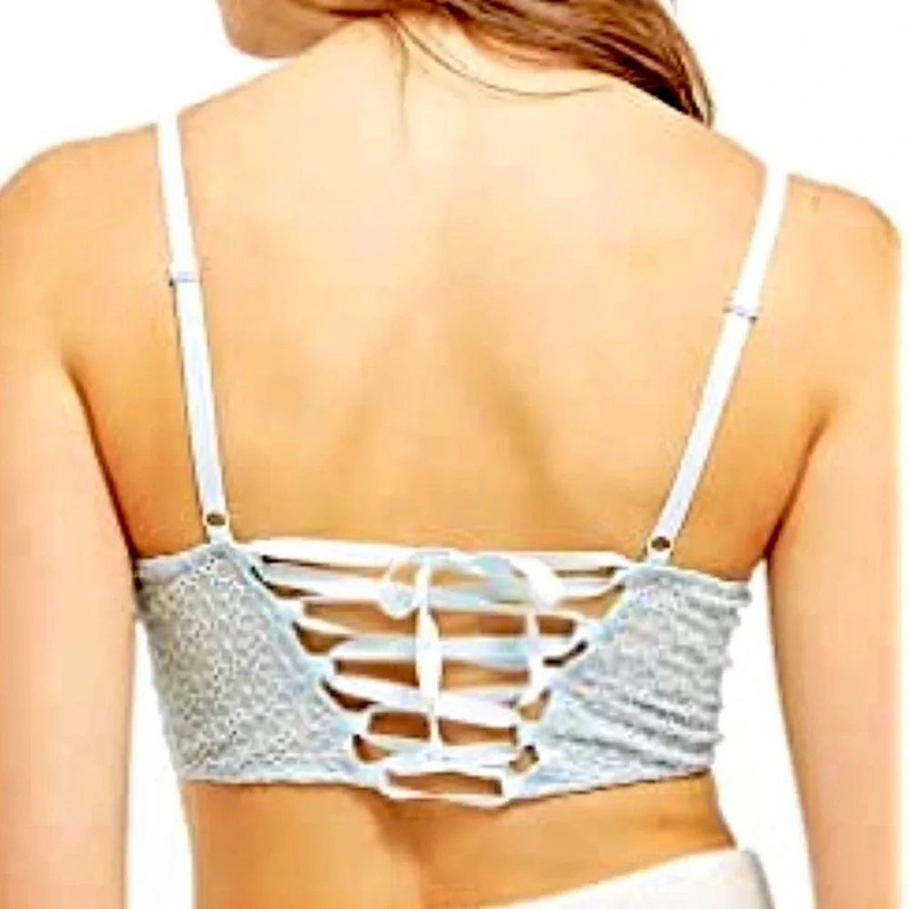 Free People Women's Floral-Embroidery Lace Long Line Bra Light Blue Size Large